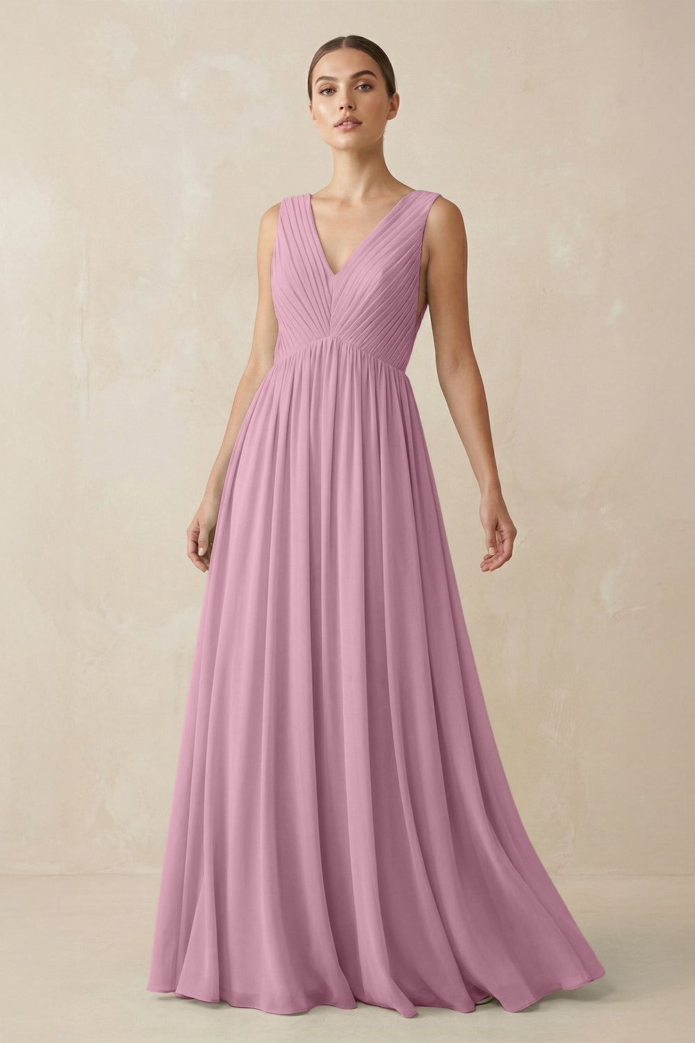 Deep V - Neck Pleated A - Line Chiffon Bridesmaid Dress in Vintage Mauve - SHE IS ME Bridesmaid Dresses