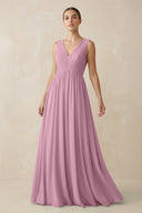 Deep V - Neck Pleated A - Line Chiffon Bridesmaid Dress in Vintage Mauve - SHE IS ME Bridesmaid Dresses