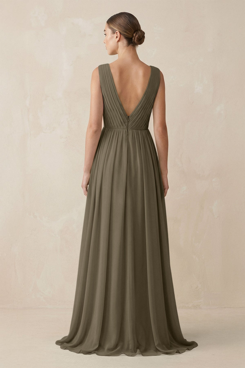 Deep V - Neck Pleated A - Line Chiffon Bridesmaid Dress in Willow Green - SHE IS ME Bridesmaid Dresses