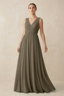 Deep V - Neck Pleated A - Line Chiffon Bridesmaid Dress in Willow Green - SHE IS ME Bridesmaid Dresses