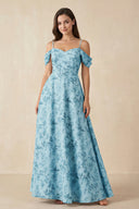 Floral Chiffon Off - the - Shoulder A - Line Bridesmaid Dress in Adriatic Blue - SHE IS ME Bridesmaid Dresses