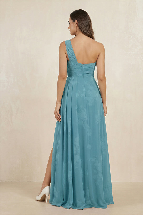 Floral Printed One - Shoulder A - Line Chiffon Bridesmaid Dress in Adriatic Blue - SHE IS ME Bridesmaid Dresses