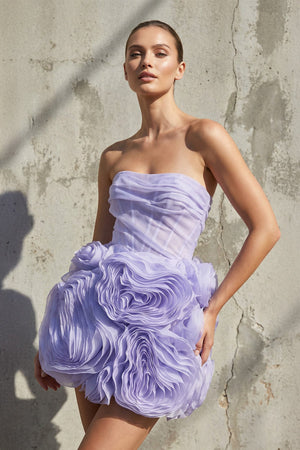 Floral Ruched Strapless Mini Dress in Lavender - SHE IS ME