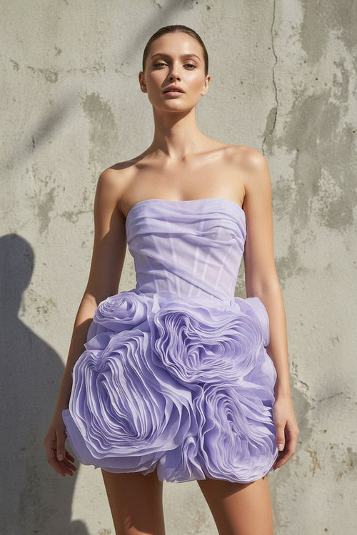 Floral Ruched Strapless Mini Dress in Lavender - SHE IS ME