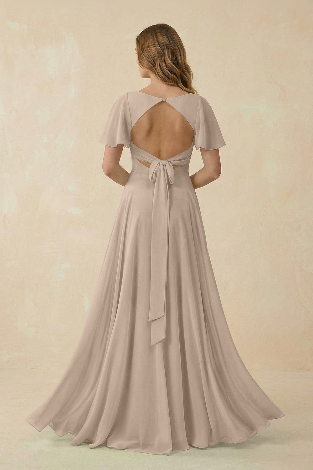 Flutter Sleeve V - Neck Chiffon A - Line Bridesmaid Dress in Almond - SHE IS ME Bridesmaid Dresses