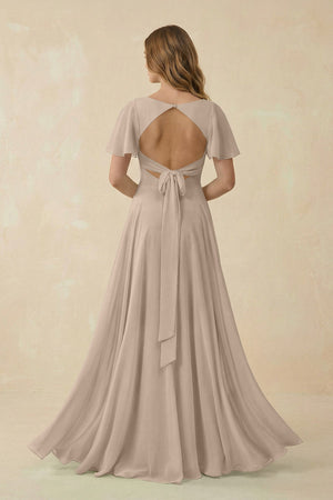 Flutter Sleeve V - Neck Chiffon A - Line Bridesmaid Dress in Almond - SHE IS ME Bridesmaid Dresses