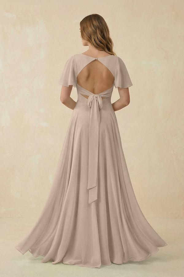 Flutter Sleeve V - Neck Chiffon A - Line Bridesmaid Dress in Almond - SHE IS ME Bridesmaid Dresses