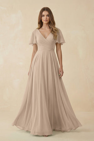 Flutter Sleeve V - Neck Chiffon A - Line Bridesmaid Dress in Almond - SHE IS ME Bridesmaid Dresses