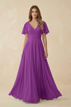 Flutter Sleeve V - Neck Chiffon A - Line Bridesmaid Dress in Amethyst - SHE IS ME Bridesmaid Dresses
