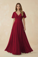 Flutter Sleeve V - Neck Chiffon A - Line Bridesmaid Dress in Berry - SHE IS ME Bridesmaid Dresses