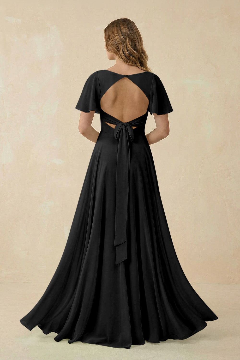 Flutter Sleeve V - Neck Chiffon A - Line Bridesmaid Dress in Black - SHE IS ME Bridesmaid Dresses