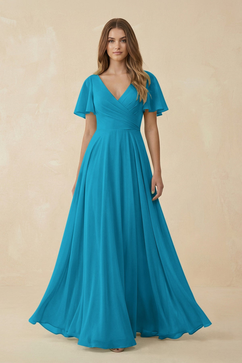 Flutter Sleeve V - Neck Chiffon A - Line Bridesmaid Dress in Blue Jay - SHE IS ME Bridesmaid Dresses