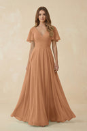 Flutter Sleeve V - Neck Chiffon A - Line Bridesmaid Dress in Bronzer - SHE IS ME Bridesmaid Dresses