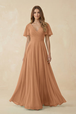 Flutter Sleeve V - Neck Chiffon A - Line Bridesmaid Dress in Bronzer - SHE IS ME Bridesmaid Dresses