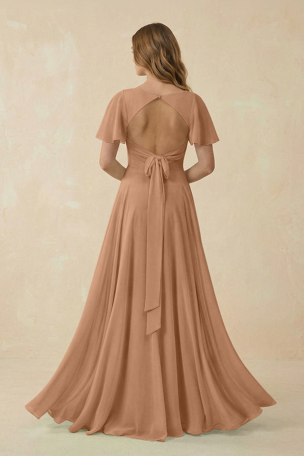 Flutter Sleeve V - Neck Chiffon A - Line Bridesmaid Dress in Bronzer - SHE IS ME Bridesmaid Dresses