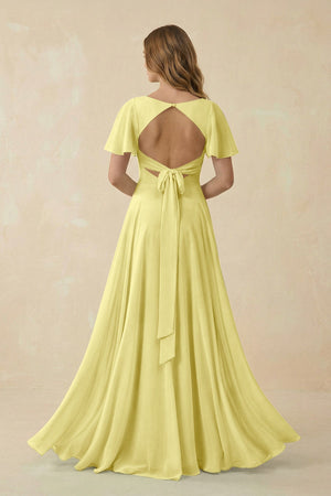Flutter Sleeve V - Neck Chiffon A - Line Bridesmaid Dress in Buttercup - SHE IS ME Bridesmaid Dresses
