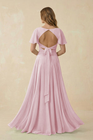 Flutter Sleeve V - Neck Chiffon A - Line Bridesmaid Dress in Candy Pink - SHE IS ME Bridesmaid Dresses