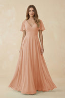 Flutter Sleeve V - Neck Chiffon A - Line Bridesmaid Dress in Champagne Rose - SHE IS ME Bridesmaid Dresses