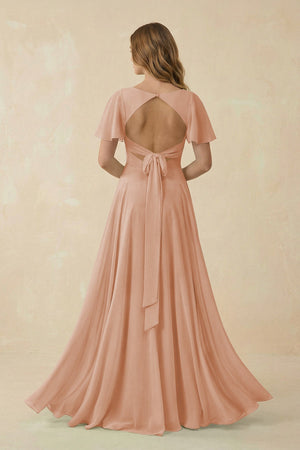 Flutter Sleeve V - Neck Chiffon A - Line Bridesmaid Dress in Champagne Rose - SHE IS ME Bridesmaid Dresses
