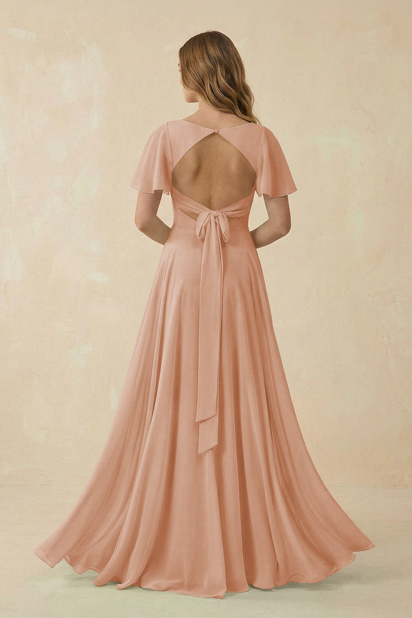 Flutter Sleeve V - Neck Chiffon A - Line Bridesmaid Dress in Champagne Rose - SHE IS ME Bridesmaid Dresses