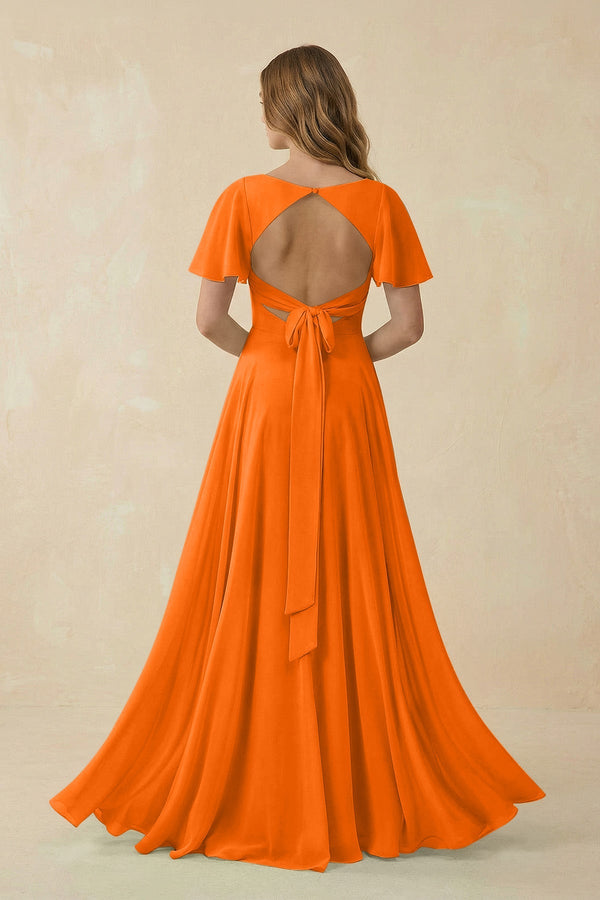 Flutter Sleeve V - Neck Chiffon A - Line Bridesmaid Dress in Cinnamon - SHE IS ME Bridesmaid Dresses