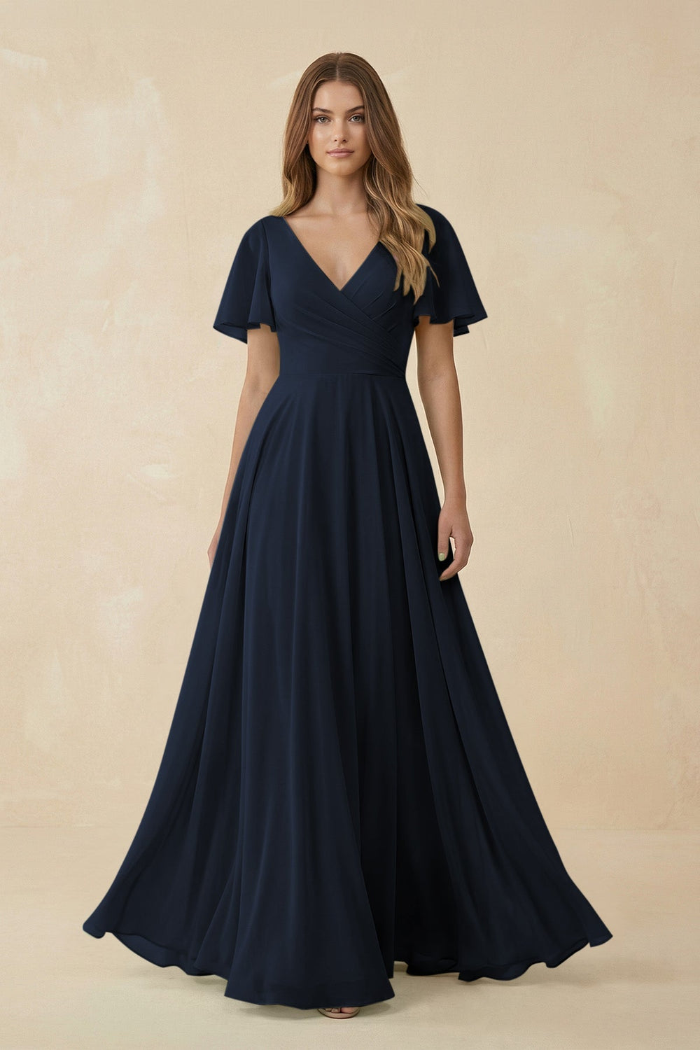 Flutter Sleeve V - Neck Chiffon A - Line Bridesmaid Dress in Dark Navy - SHE IS ME Bridesmaid Dresses