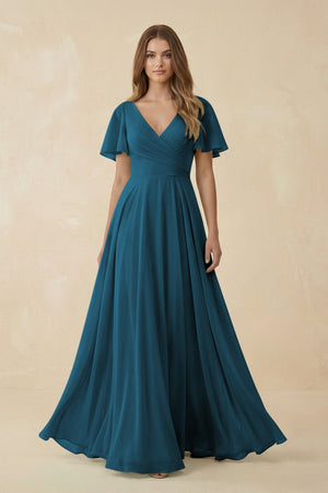 Flutter Sleeve V - Neck Chiffon A - Line Bridesmaid Dress in Dark Teal - SHE IS ME Bridesmaid Dresses