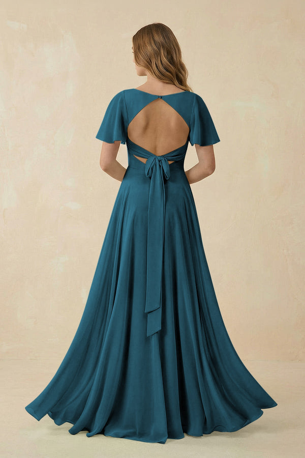 Flutter Sleeve V - Neck Chiffon A - Line Bridesmaid Dress in Dark Teal - SHE IS ME Bridesmaid Dresses