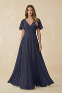 Flutter Sleeve V - Neck Chiffon A - Line Bridesmaid Dress in Dusk Blue - SHE IS ME Bridesmaid Dresses