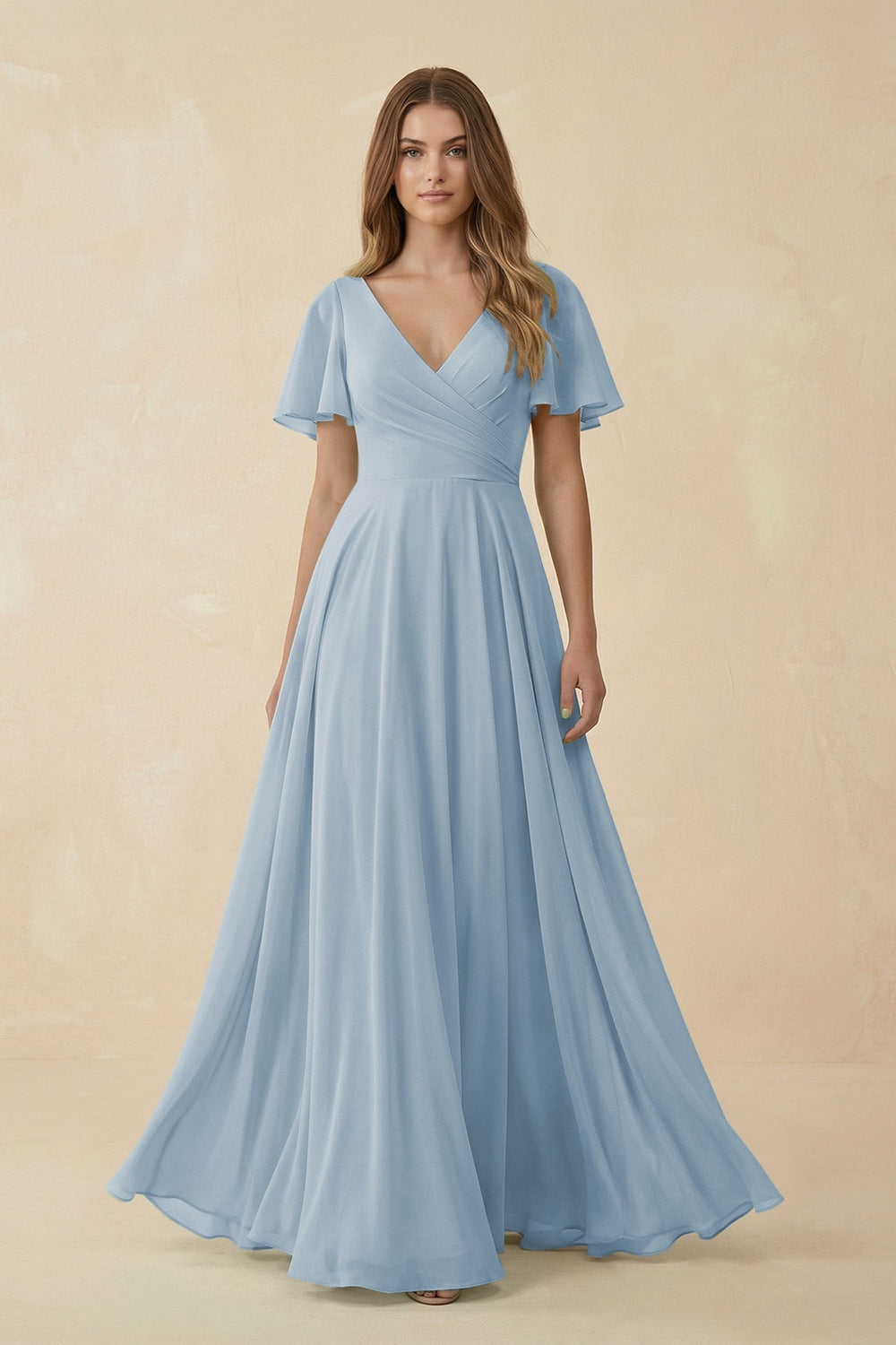 Flutter Sleeve V - Neck Chiffon A - Line Bridesmaid Dress in Dusty Blue - SHE IS ME Bridesmaid Dresses