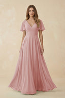 Flutter Sleeve V - Neck Chiffon A - Line Bridesmaid Dress in Dusty Rose - SHE IS ME Bridesmaid Dresses