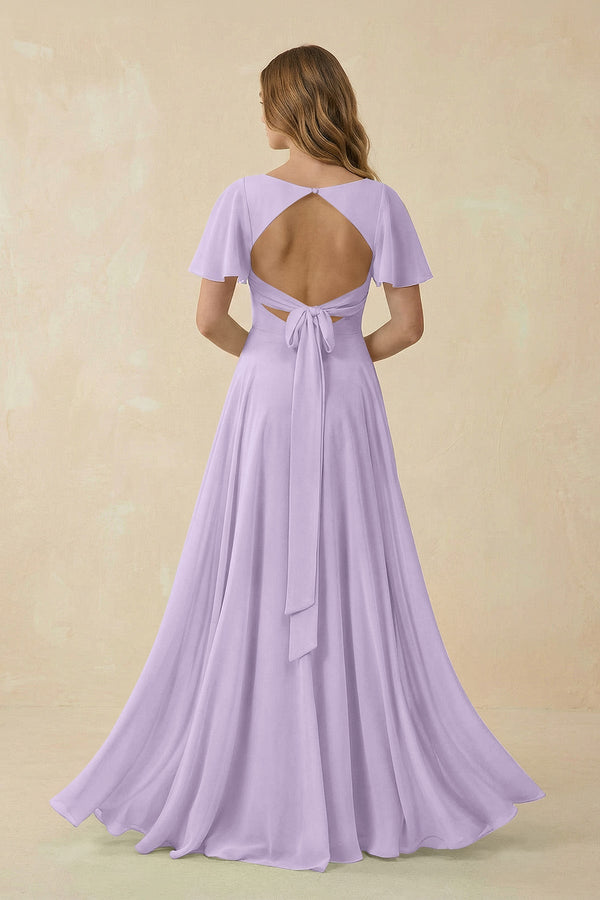 Flutter Sleeve V - Neck Chiffon A - Line Bridesmaid Dress in Lavender - SHE IS ME Bridesmaid Dresses