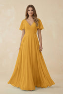 Flutter Sleeve V - Neck Chiffon A - Line Bridesmaid Dress in Marigold - SHE IS ME Bridesmaid Dresses