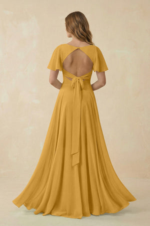 Flutter Sleeve V - Neck Chiffon A - Line Bridesmaid Dress in Marigold - SHE IS ME Bridesmaid Dresses