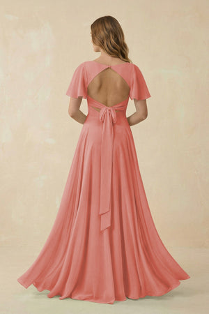 Flutter Sleeve V - Neck Chiffon A - Line Bridesmaid Dress in Mulberry - SHE IS ME Bridesmaid Dresses