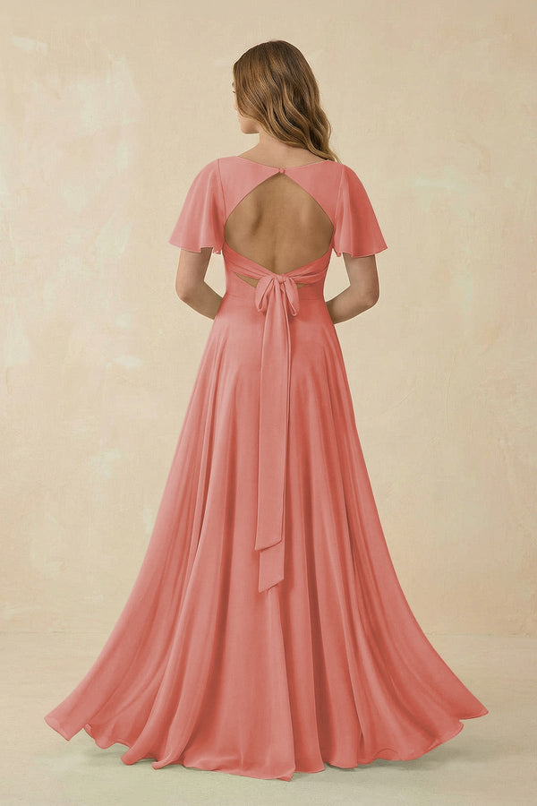 Flutter Sleeve V - Neck Chiffon A - Line Bridesmaid Dress in Mulberry - SHE IS ME Bridesmaid Dresses