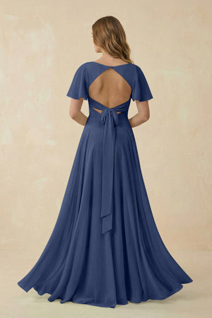 Flutter Sleeve V - Neck Chiffon A - Line Bridesmaid Dress in Navy - SHE IS ME Bridesmaid Dresses