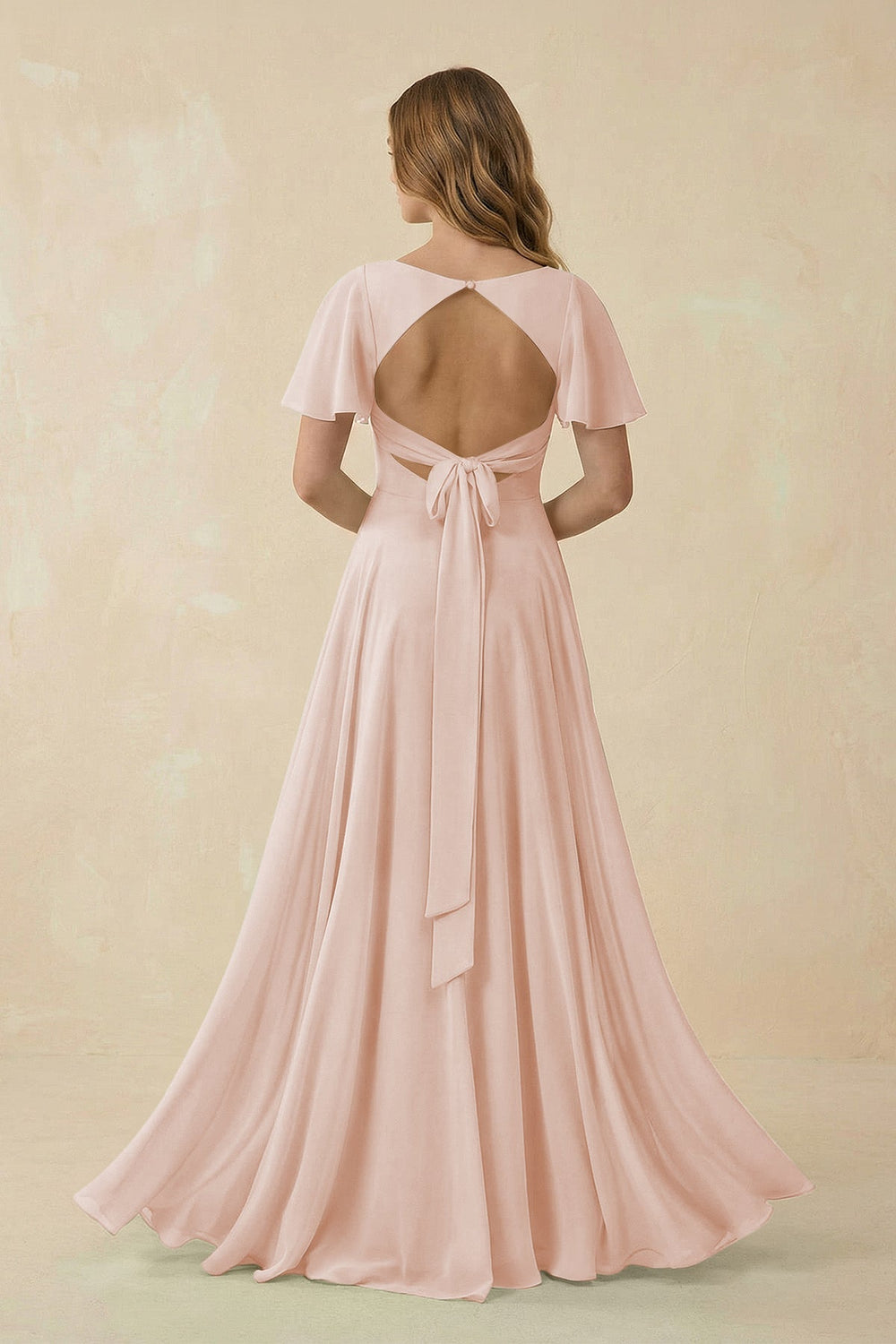 Flutter Sleeve V - Neck Chiffon A - Line Bridesmaid Dress in Pale Blush - SHE IS ME Bridesmaid Dresses
