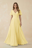 Flutter Sleeve V - Neck Chiffon A - Line Bridesmaid Dress in Pastel Yellow - SHE IS ME Bridesmaid Dresses