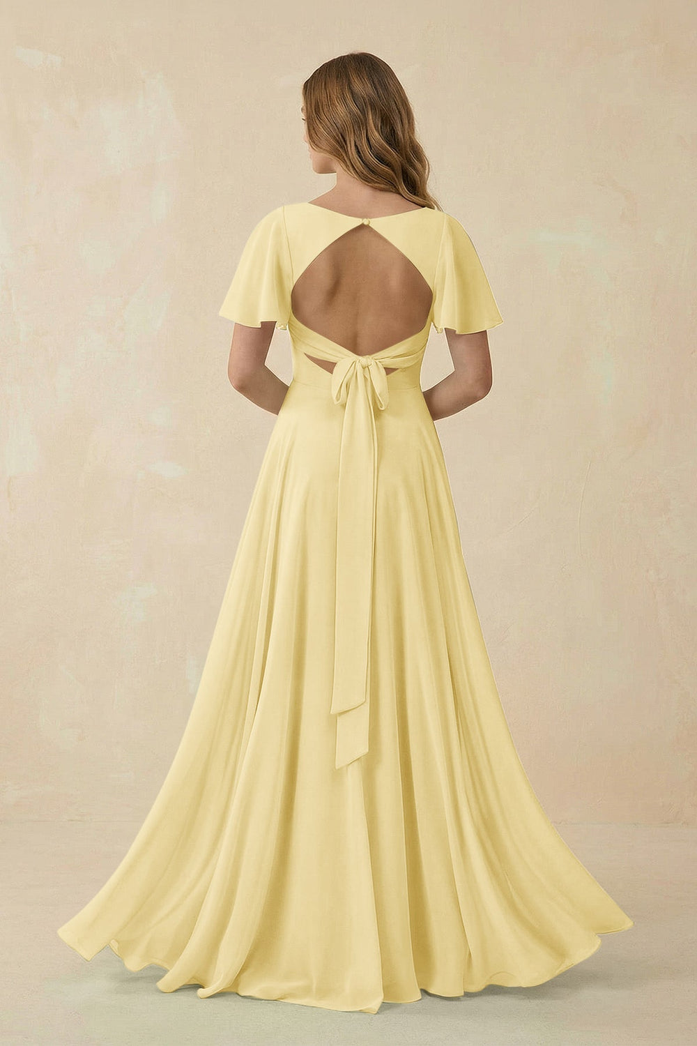 Flutter Sleeve V - Neck Chiffon A - Line Bridesmaid Dress in Pastel Yellow - SHE IS ME Bridesmaid Dresses
