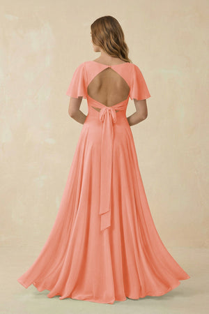 Flutter Sleeve V - Neck Chiffon A - Line Bridesmaid Dress in Rosette - SHE IS ME Bridesmaid Dresses