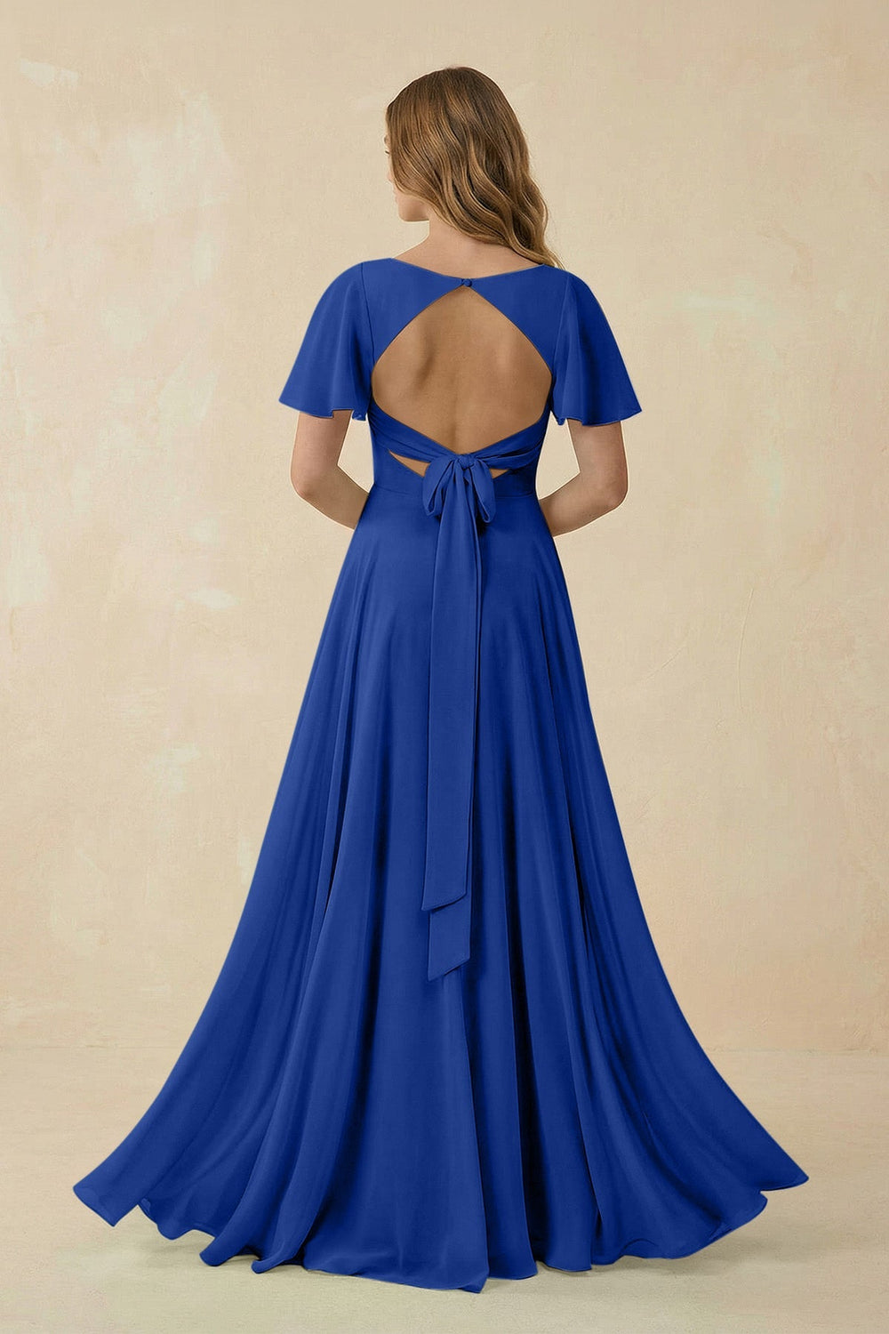 Flutter Sleeve V - Neck Chiffon A - Line Bridesmaid Dress in Royal Blue - SHE IS ME Bridesmaid Dresses