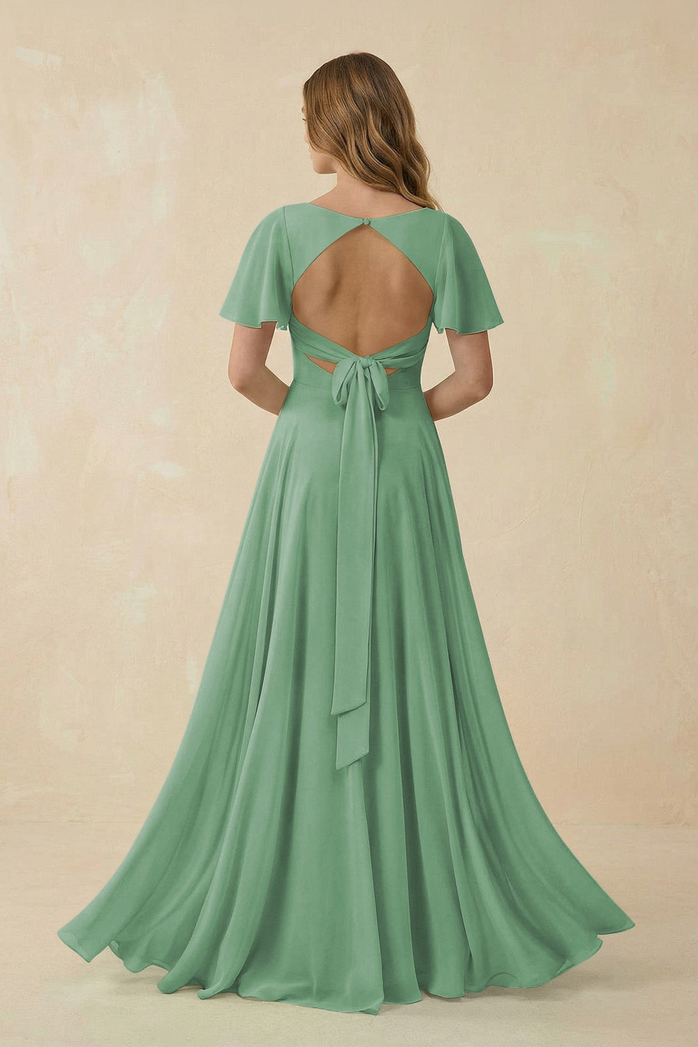 Flutter Sleeve V - Neck Chiffon A - Line Bridesmaid Dress in Sea Glass - SHE IS ME Bridesmaid Dresses