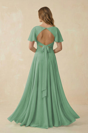 Flutter Sleeve V - Neck Chiffon A - Line Bridesmaid Dress in Sea Glass - SHE IS ME Bridesmaid Dresses