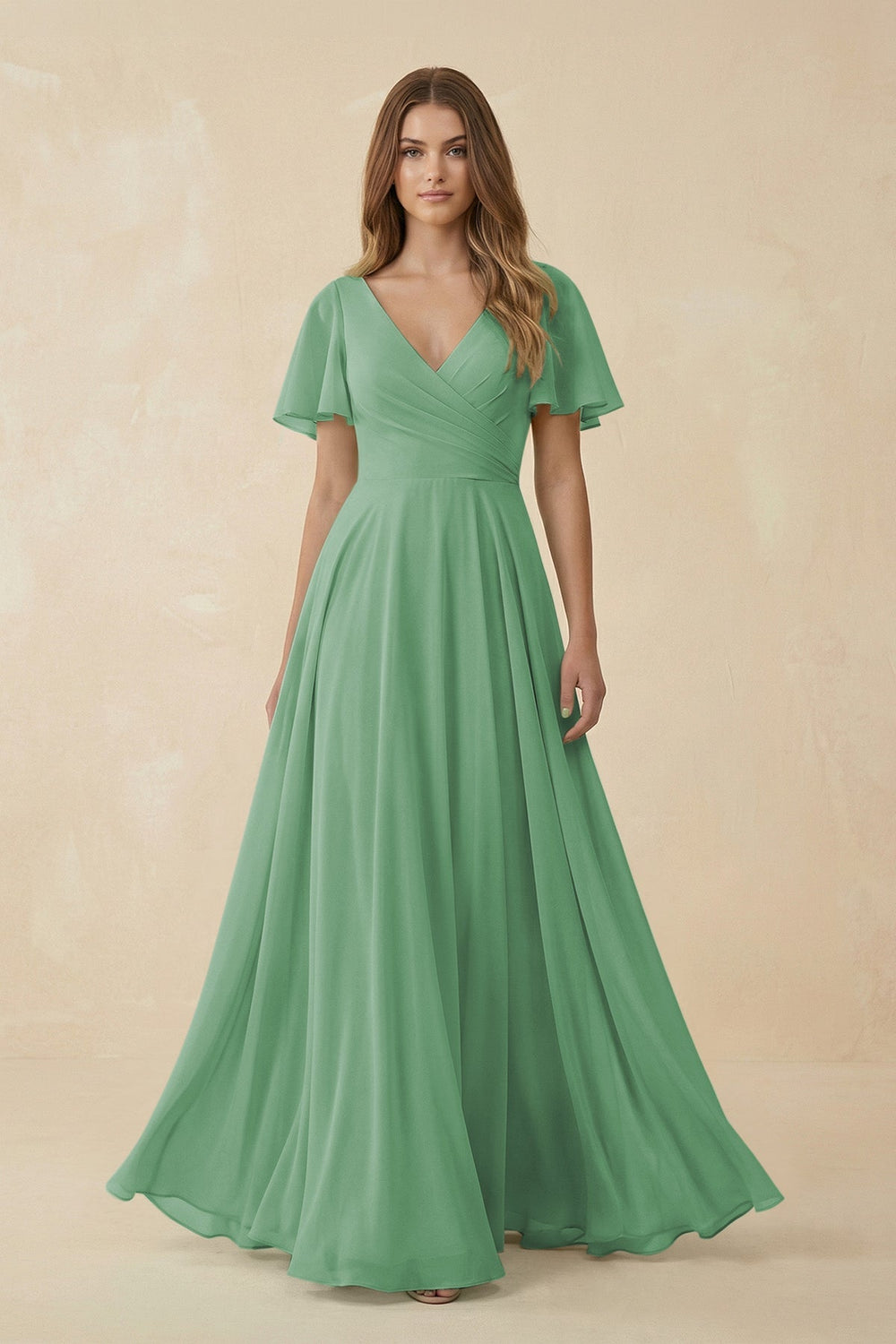 Flutter Sleeve V - Neck Chiffon A - Line Bridesmaid Dress in Sea Glass - SHE IS ME Bridesmaid Dresses