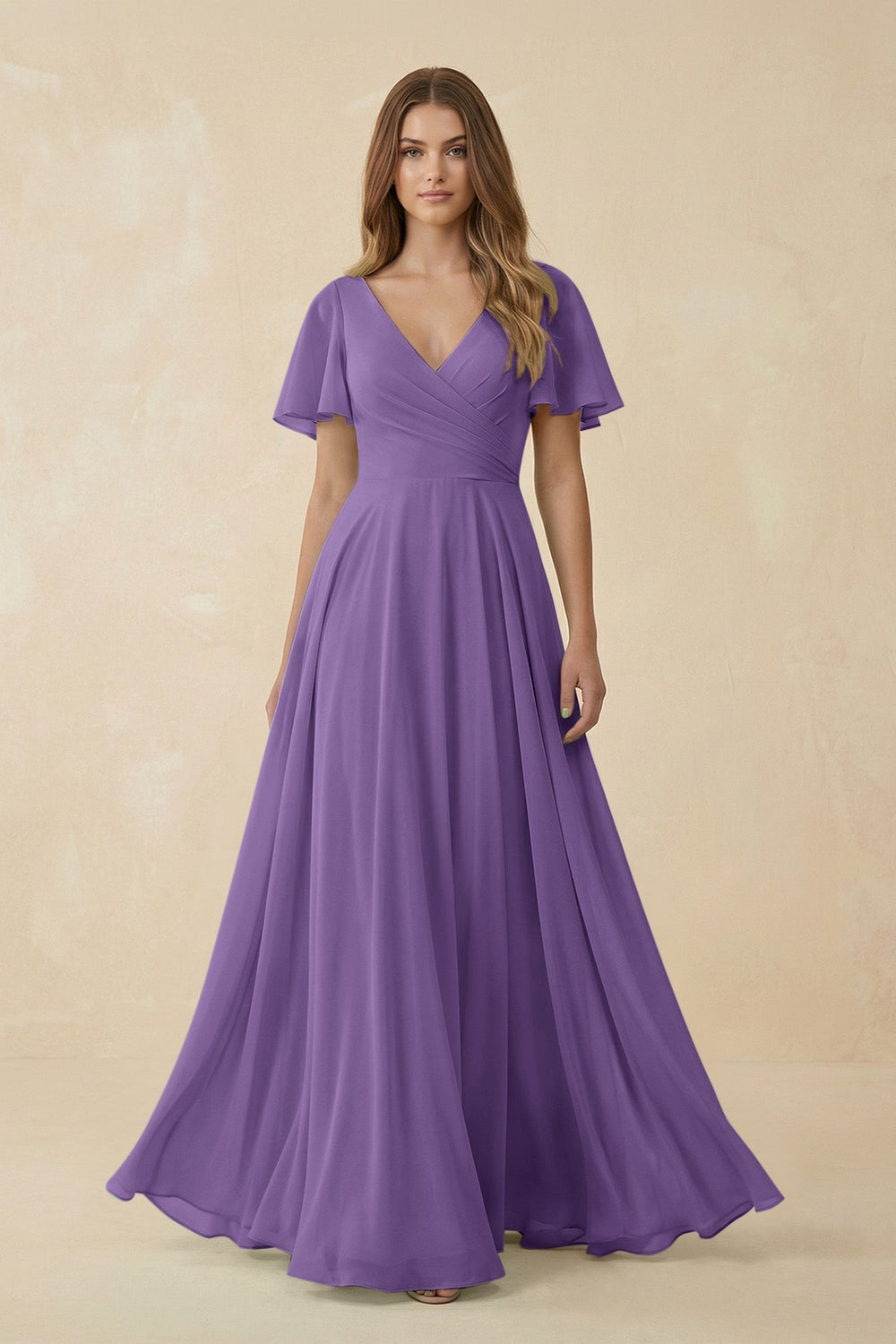Flutter Sleeve V - Neck Chiffon A - Line Bridesmaid Dress in Tahiti - SHE IS ME Bridesmaid Dresses