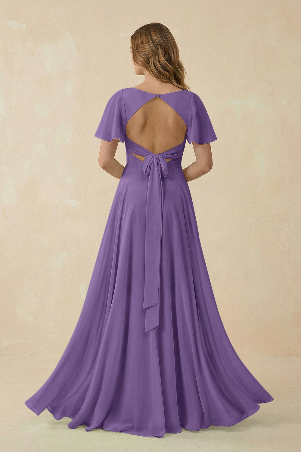 Flutter Sleeve V - Neck Chiffon A - Line Bridesmaid Dress in Tahiti - SHE IS ME Bridesmaid Dresses