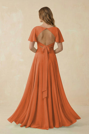 Flutter Sleeve V - Neck Chiffon A - Line Bridesmaid Dress in Terracotta - SHE IS ME Bridesmaid Dresses