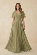 Flutter Sleeve V - Neck Chiffon A - Line Bridesmaid Dress in Thyme - SHE IS ME Bridesmaid Dresses