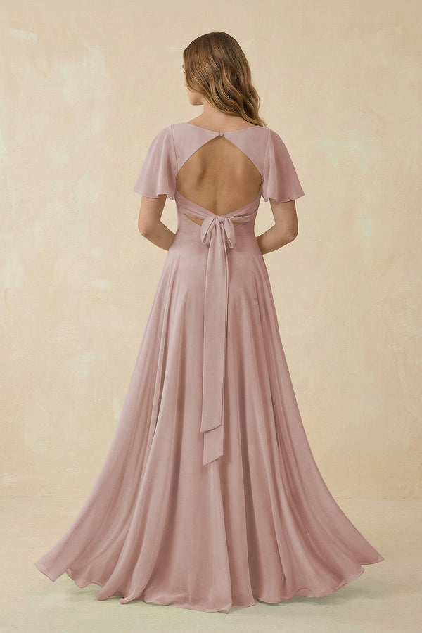 Flutter Sleeve V - Neck Chiffon A - Line Bridesmaid Dress in Toffee - SHE IS ME Bridesmaid Dresses